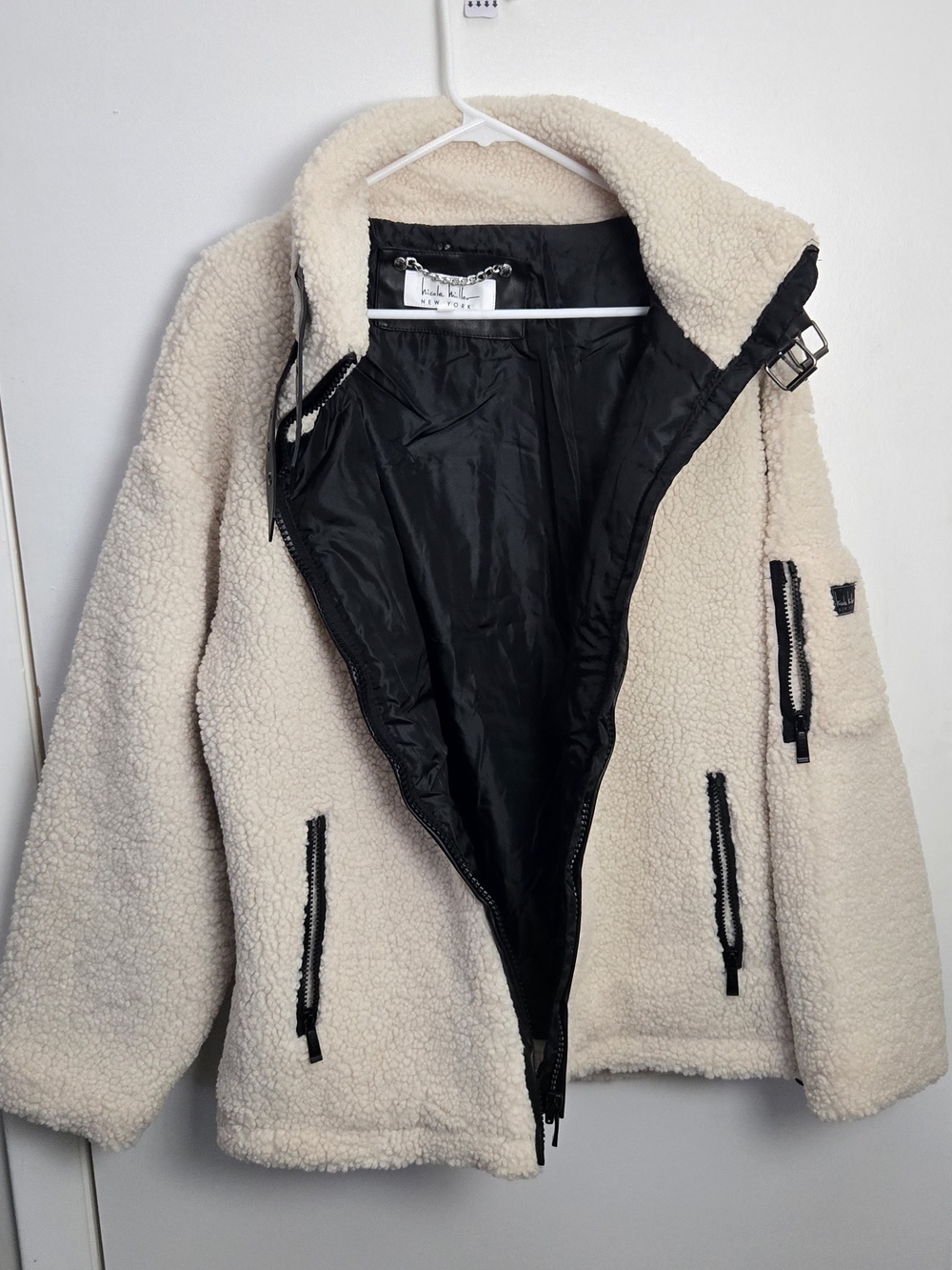 Nicole Miller Cream Sherpa Bomber Jacket with Black Lining
